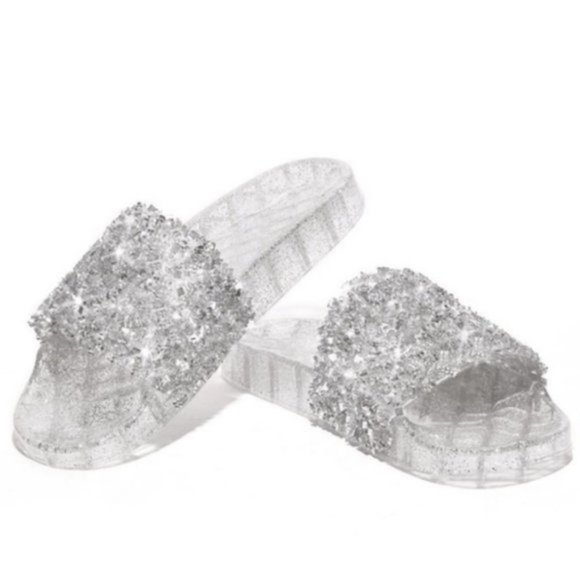 Shoes - !!RESTOCKED!! Embellished Sparkle Slides in Silver